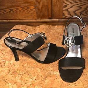Charles Jordan black satin strapped heels 8.5
